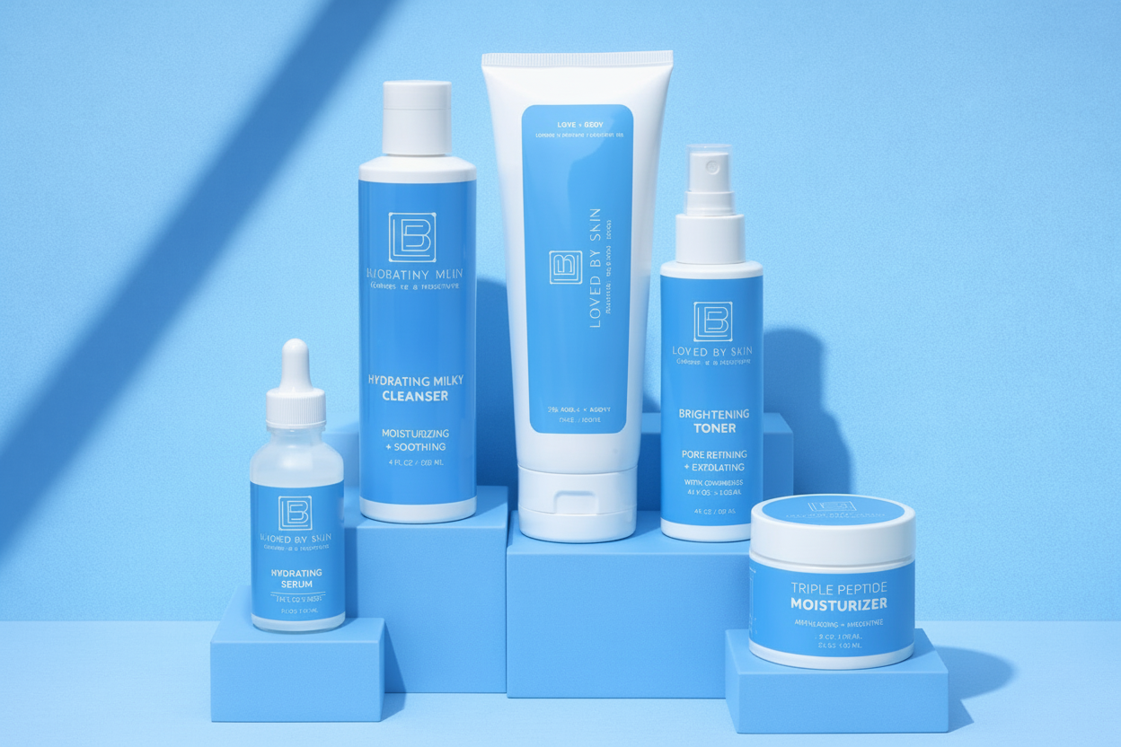 LOVED BY SKIN product lineup with corrected spelling
